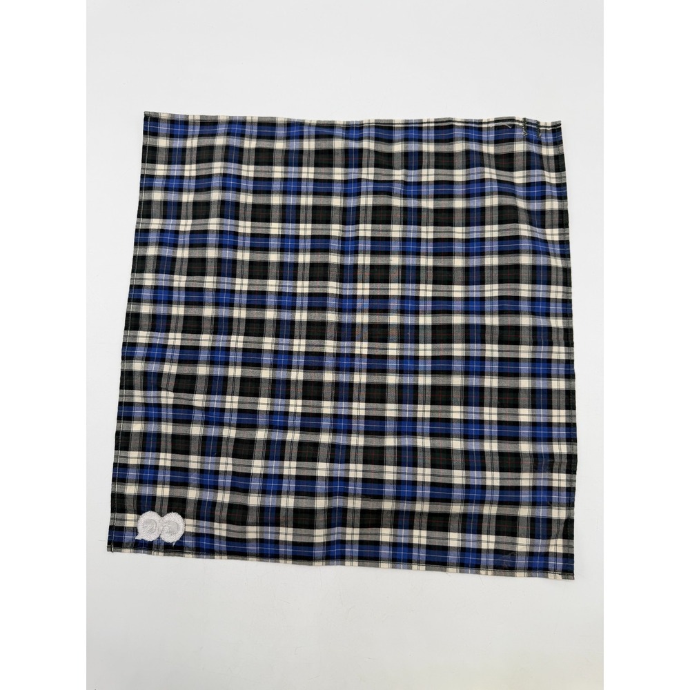 GQ Plaid Pocket Square Handkerchief Blue Black Tartan Embroidered 13.5in AS IS